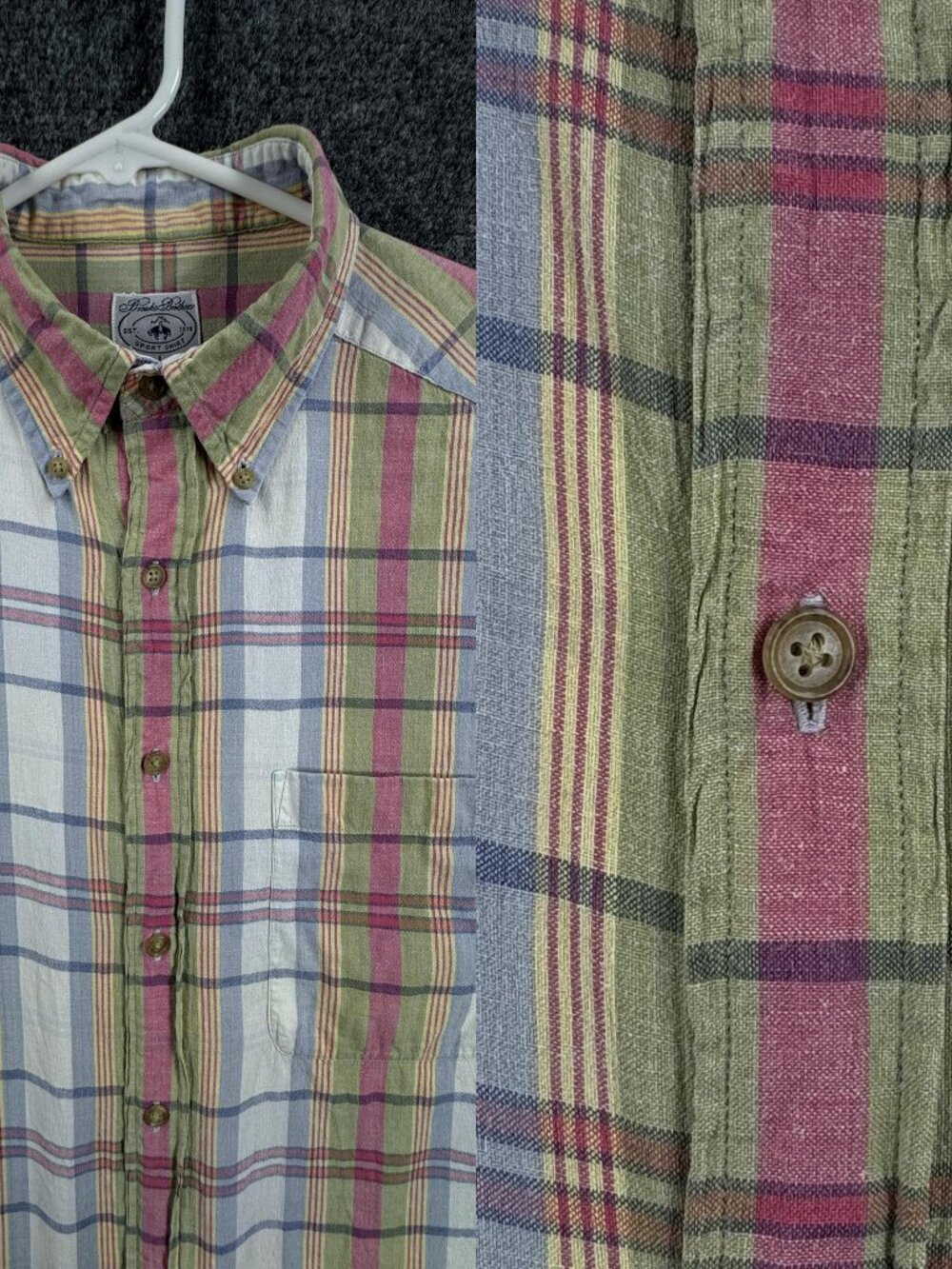 Brooks Brothers Madras Plaid Mens Cotton Button-Down Short Sleeve Large Business